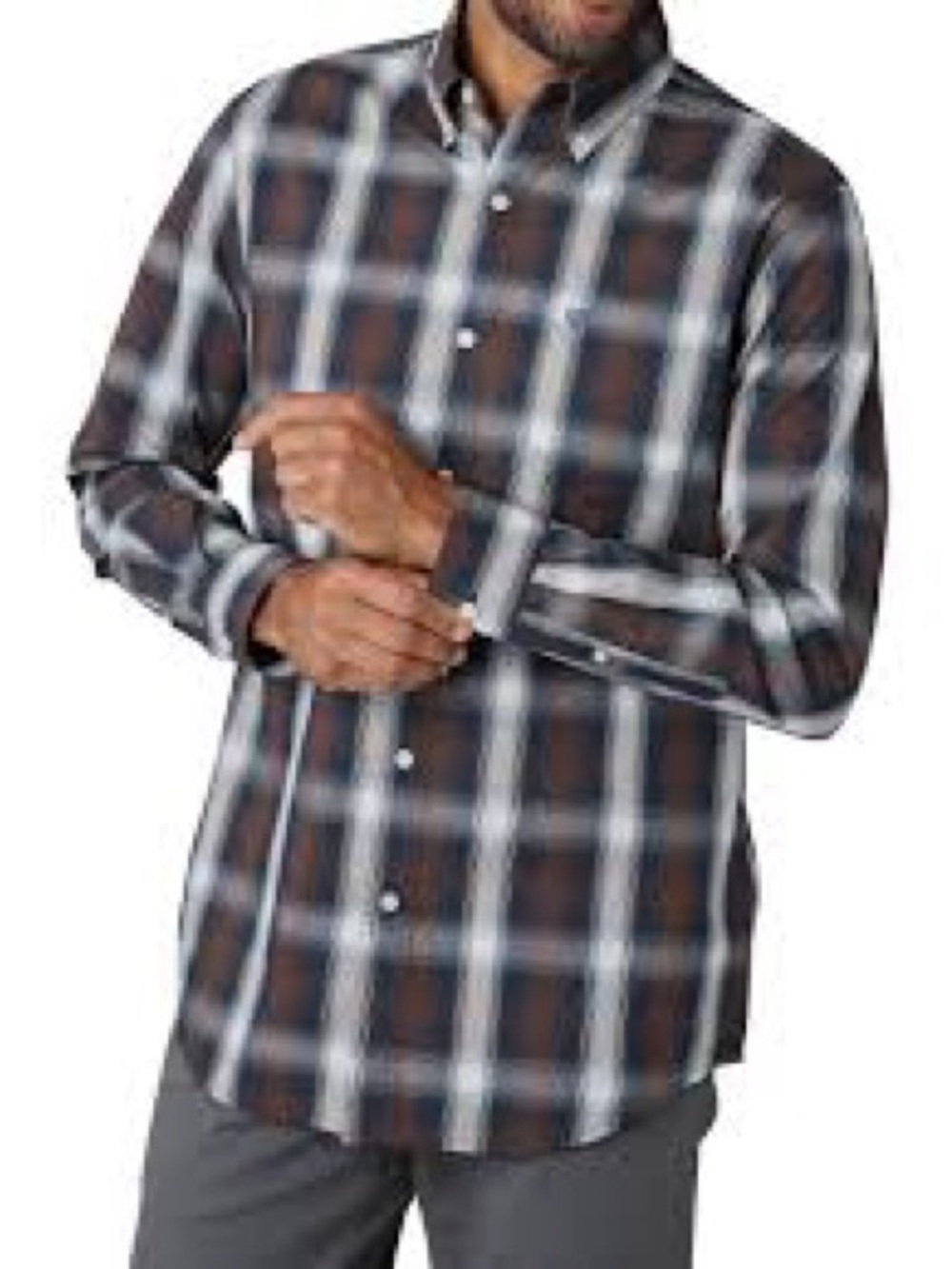 Men's Chaps Easy care brown, black  and White Plaid Button-Up dress Shirt